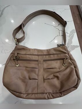 Travelon Anti-Theft Heritage Crossbody Bag - Taupe with Pink Lining & LED Light